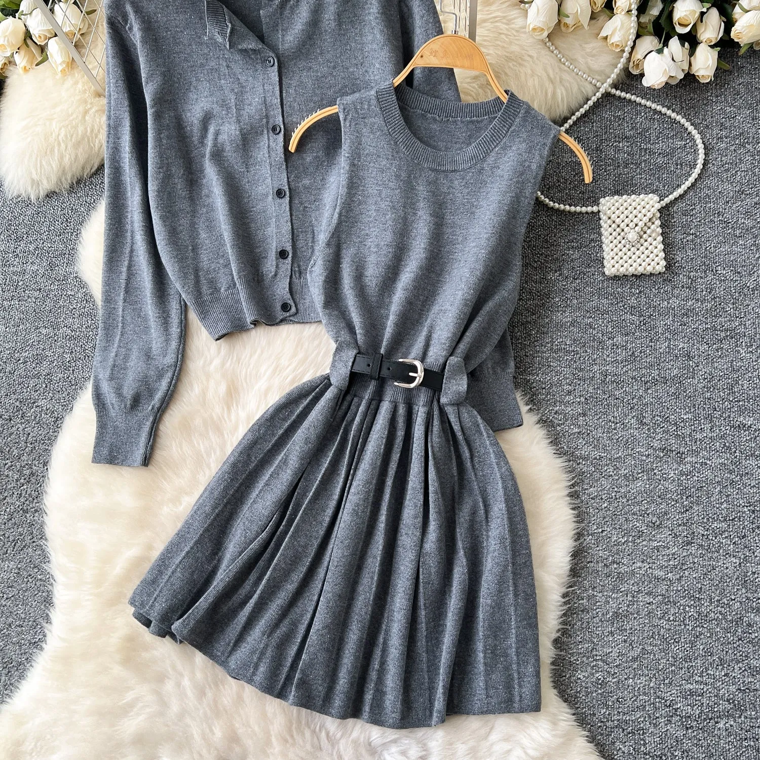 Cardigan&Vest Dress Knitted 2Pcs