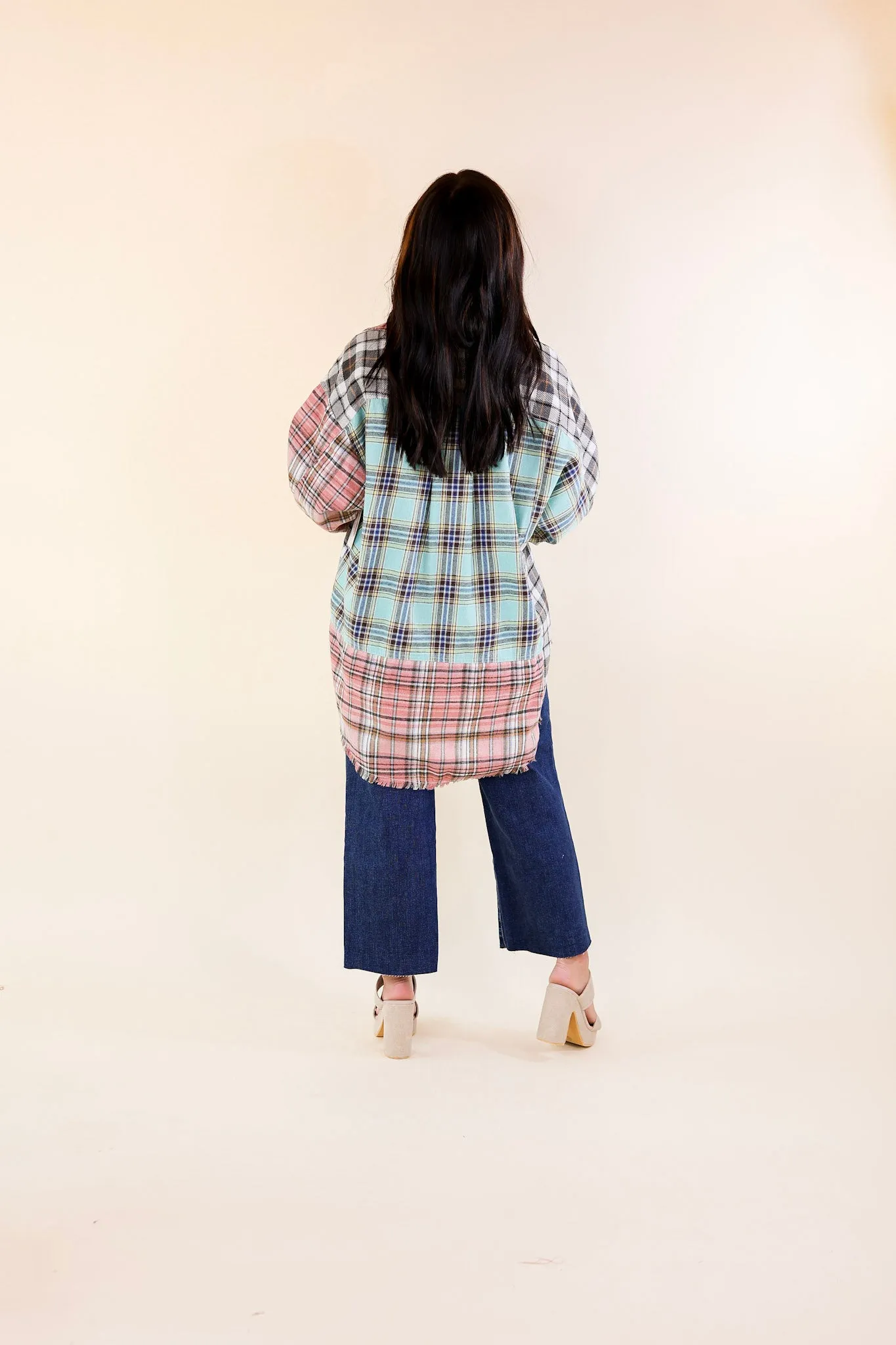 Casual Chats Color Block Plaid Flannel Top in Grey, Mint, and Pink