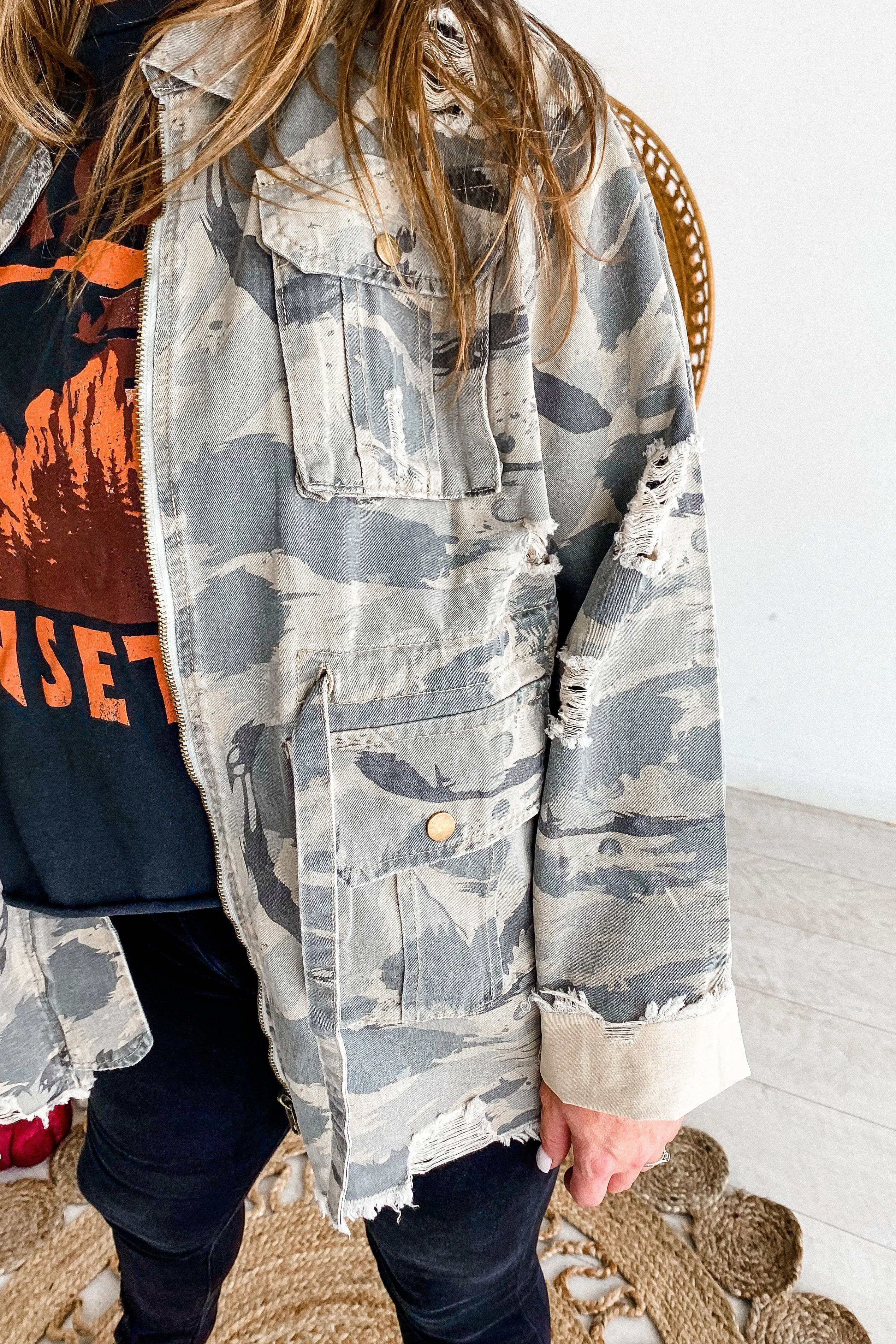 Catch Up Distressed Camo Shacket | FINAL SALE