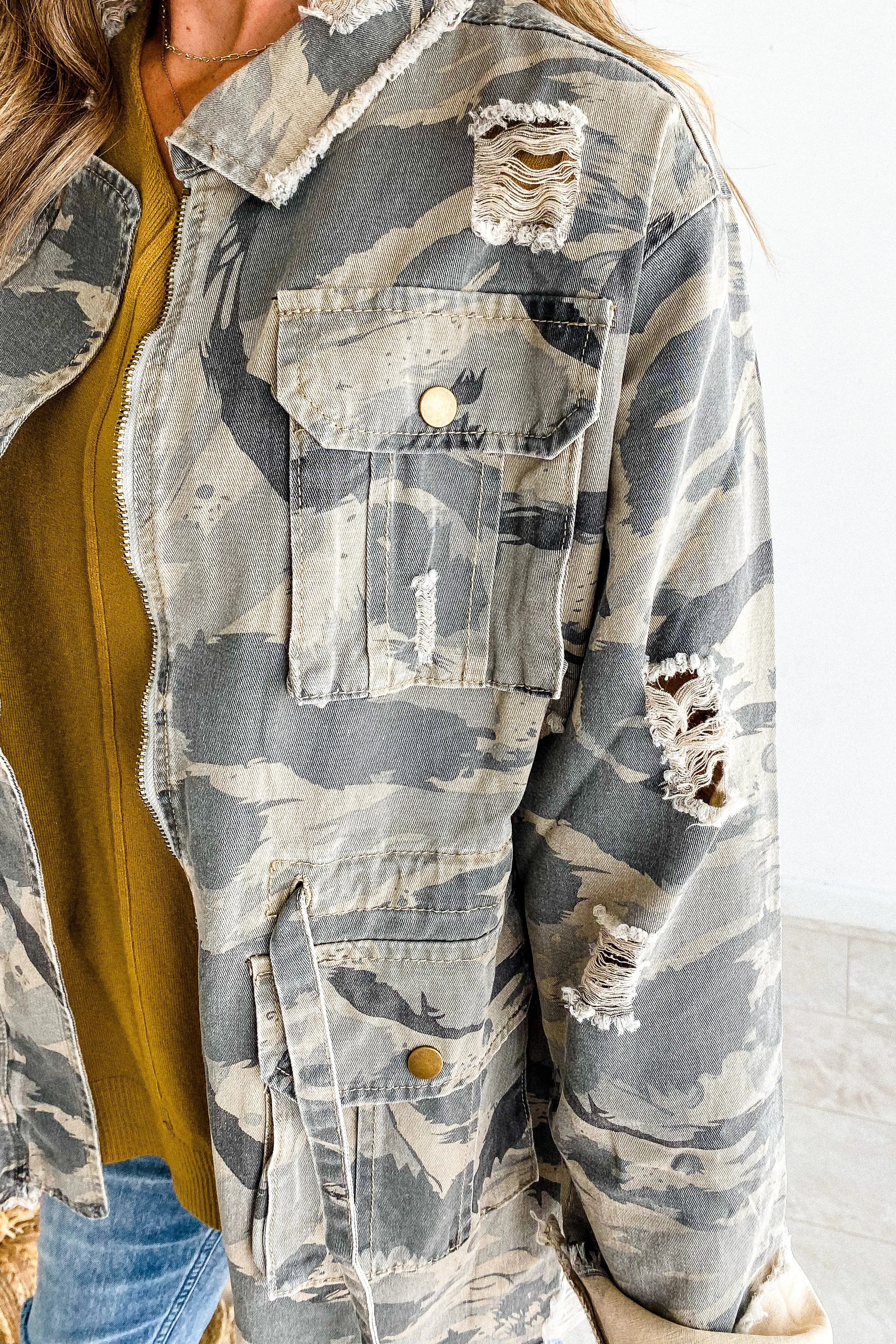 Catch Up Distressed Camo Shacket | FINAL SALE