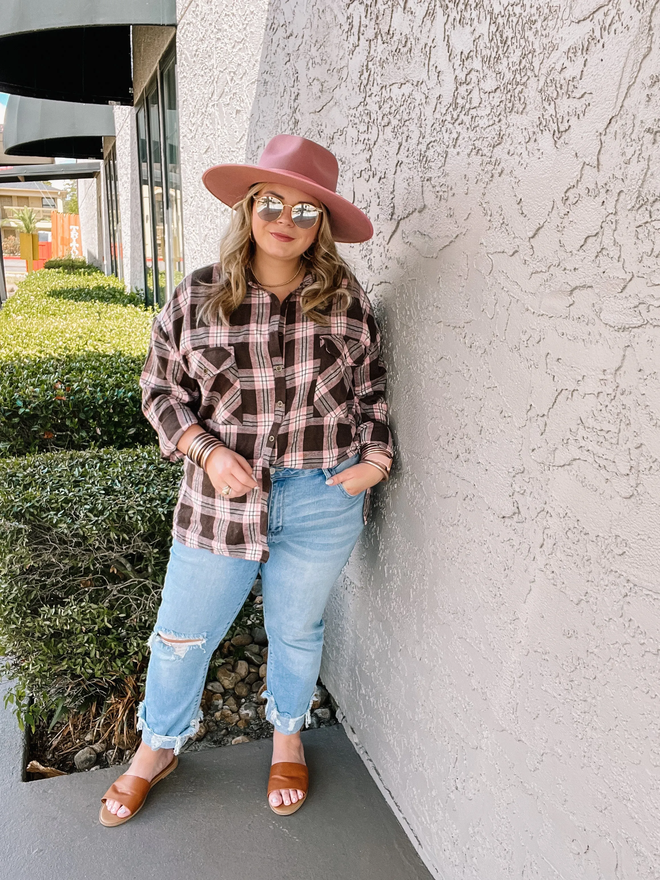 Cheery Mood Button Up Plaid Flannel Top in Pink and Brown