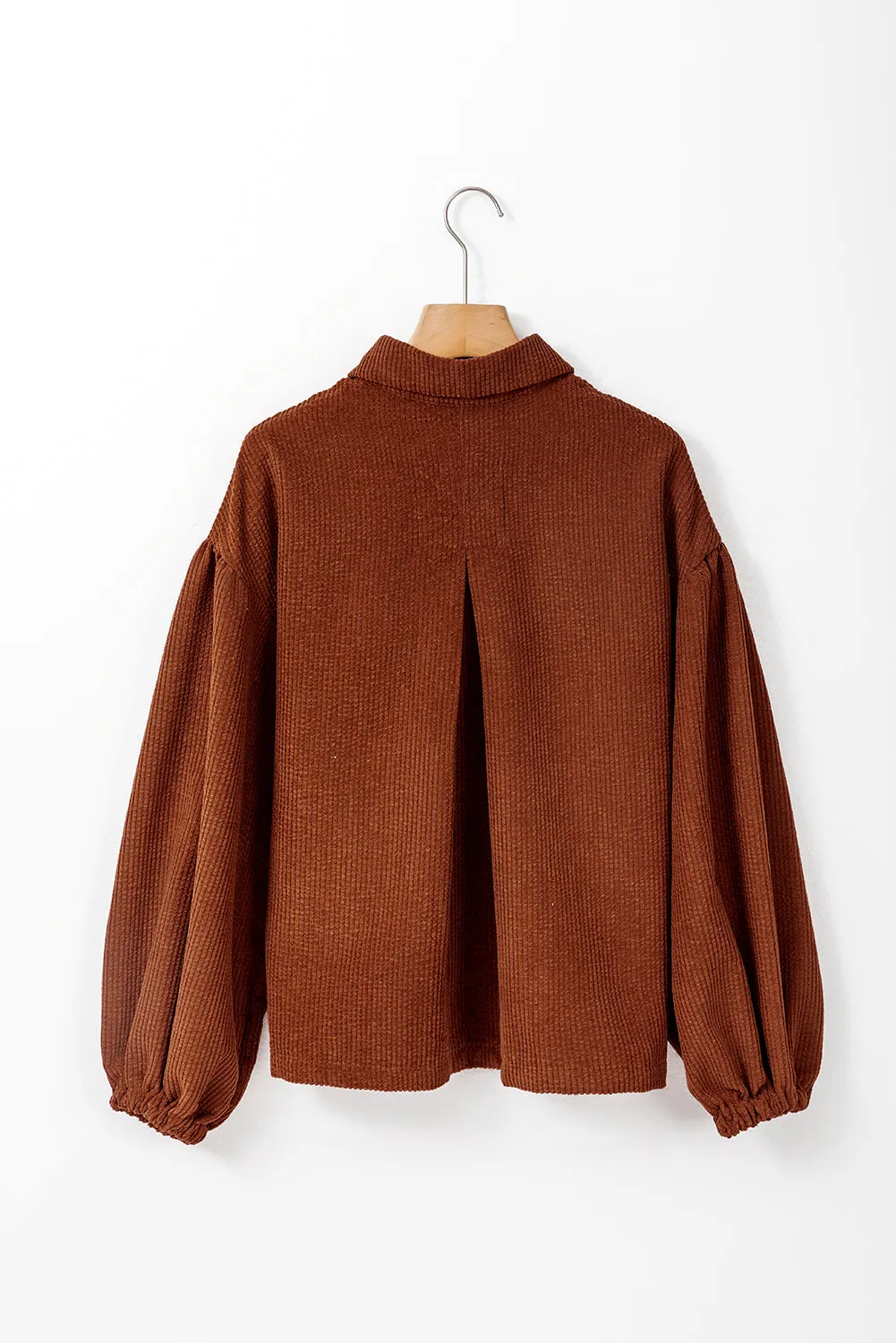 Coffee Textured Corduroy Puff Sleeve Shacket