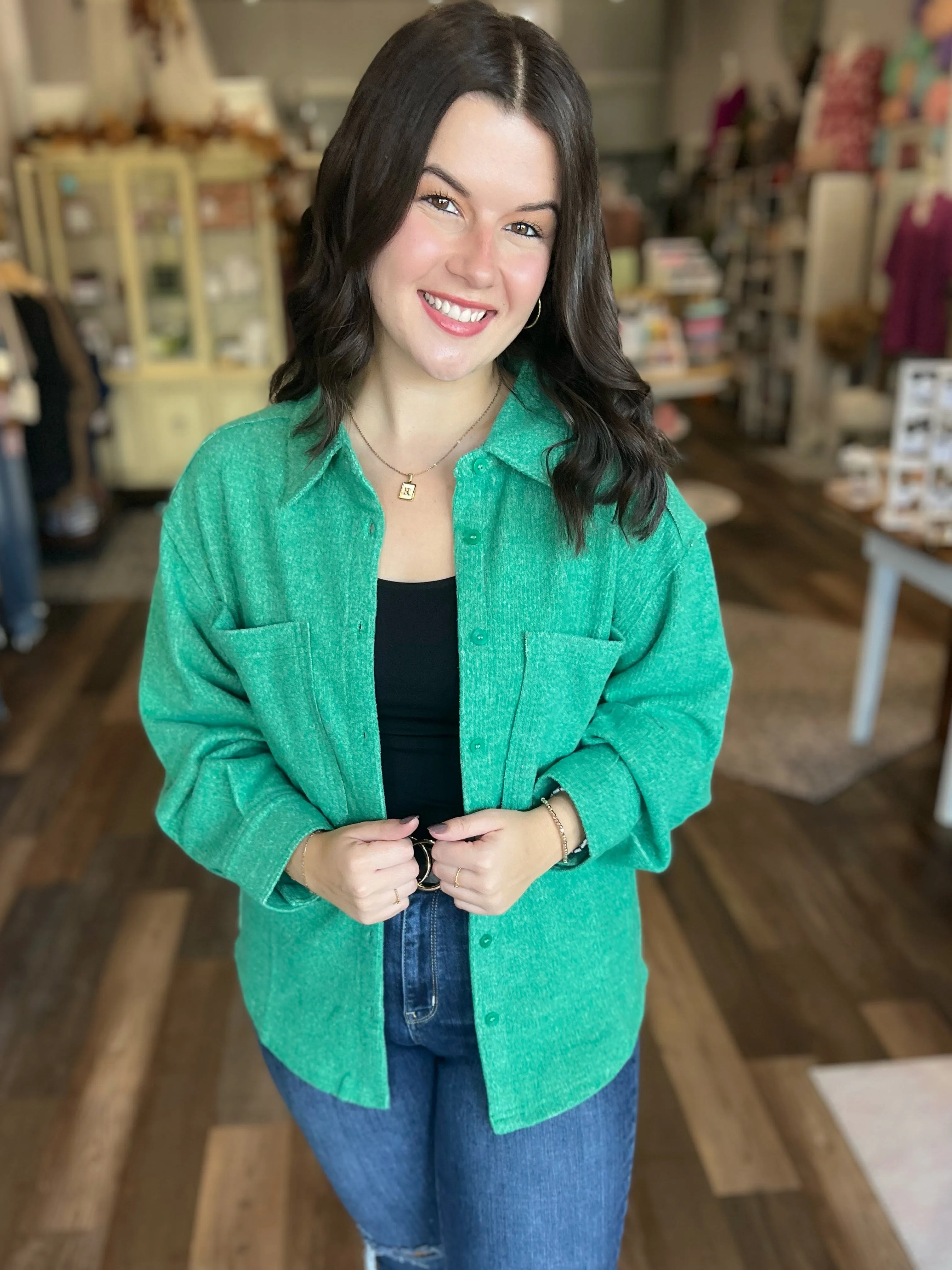 Cozy Button Down Shacket Jacket in Green