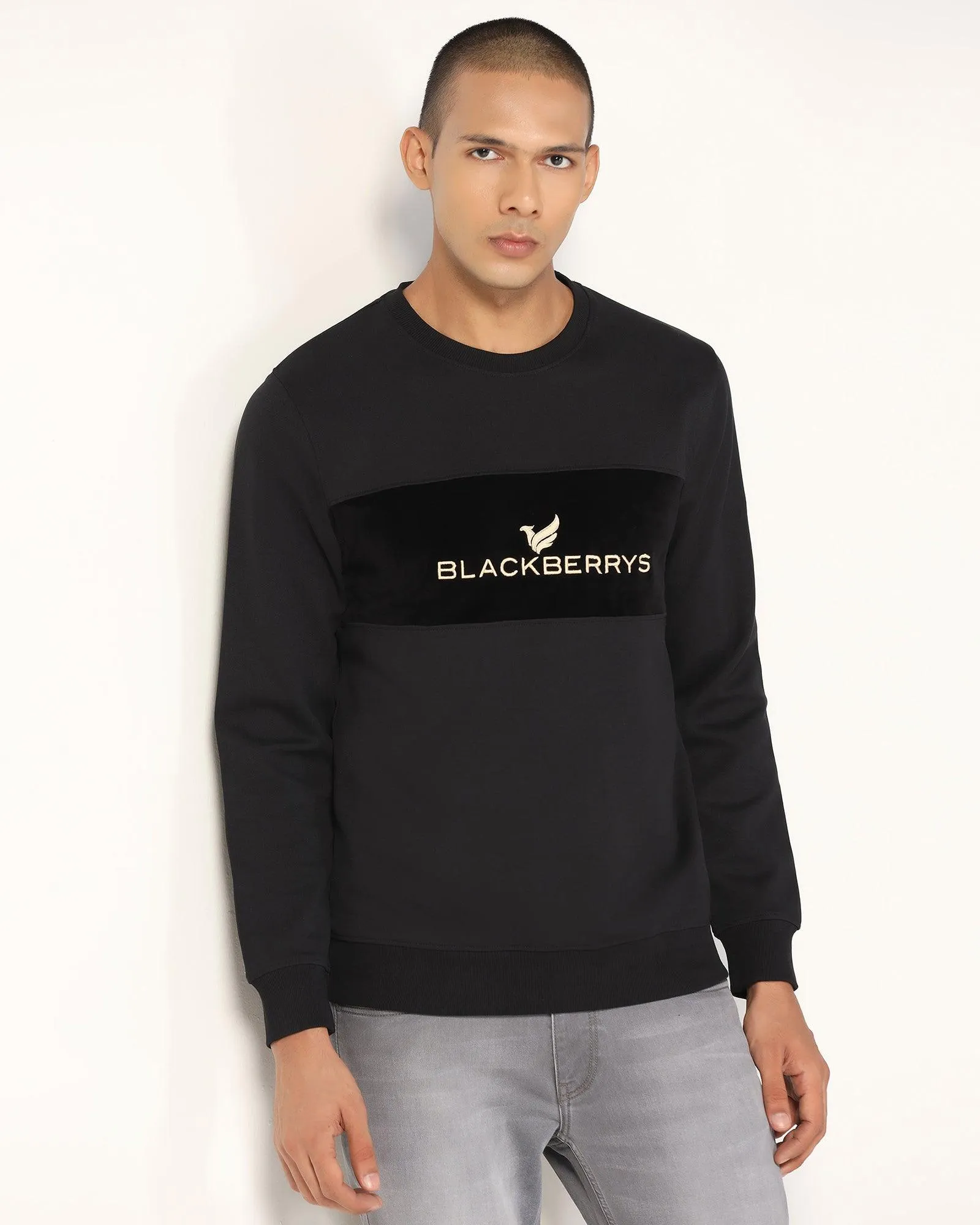 Crew Neck Black Solid Sweatshirt - Feb