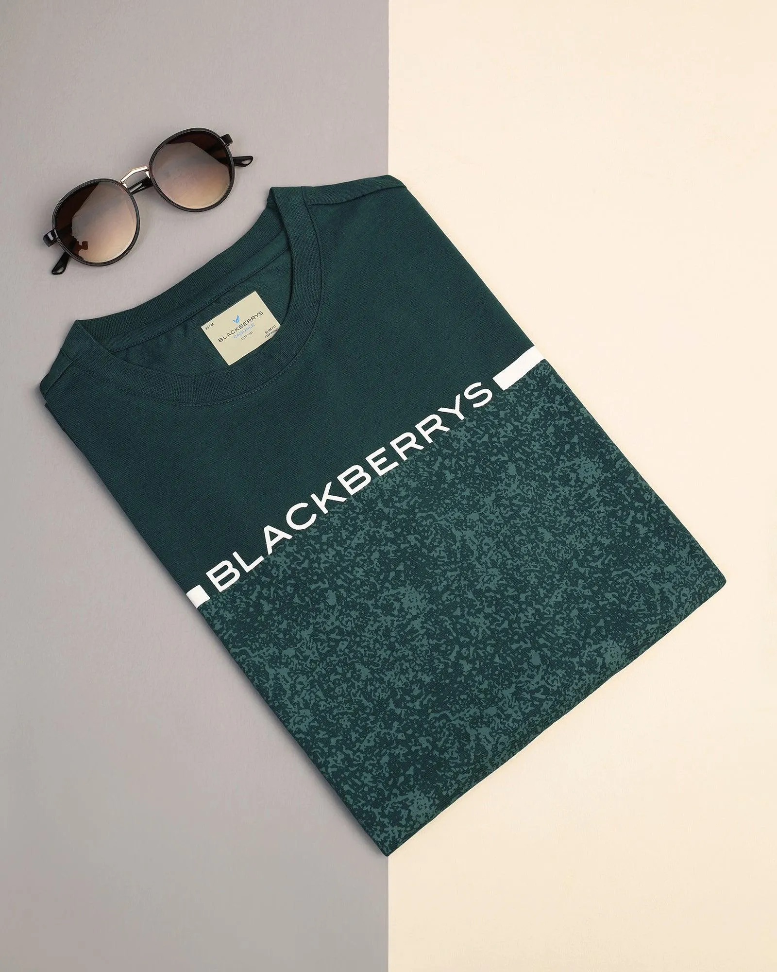 Crew Neck Hunter Green Printed T-Shirt - Peak