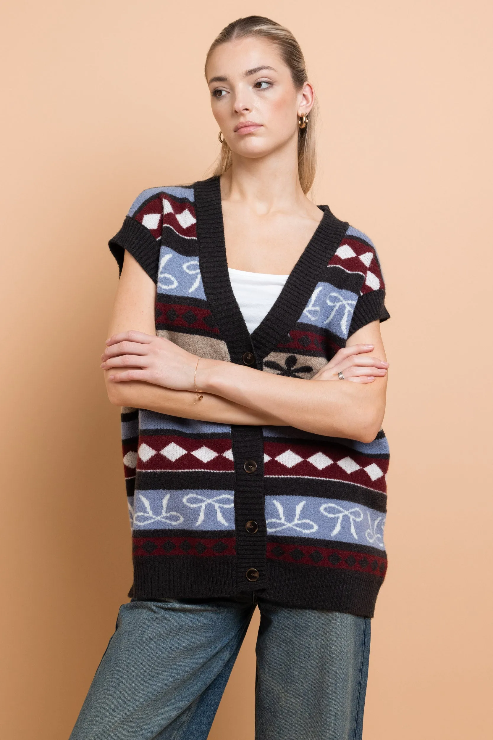 Daisy Street - Vintage Style Intarsia Pattern Knit Vest