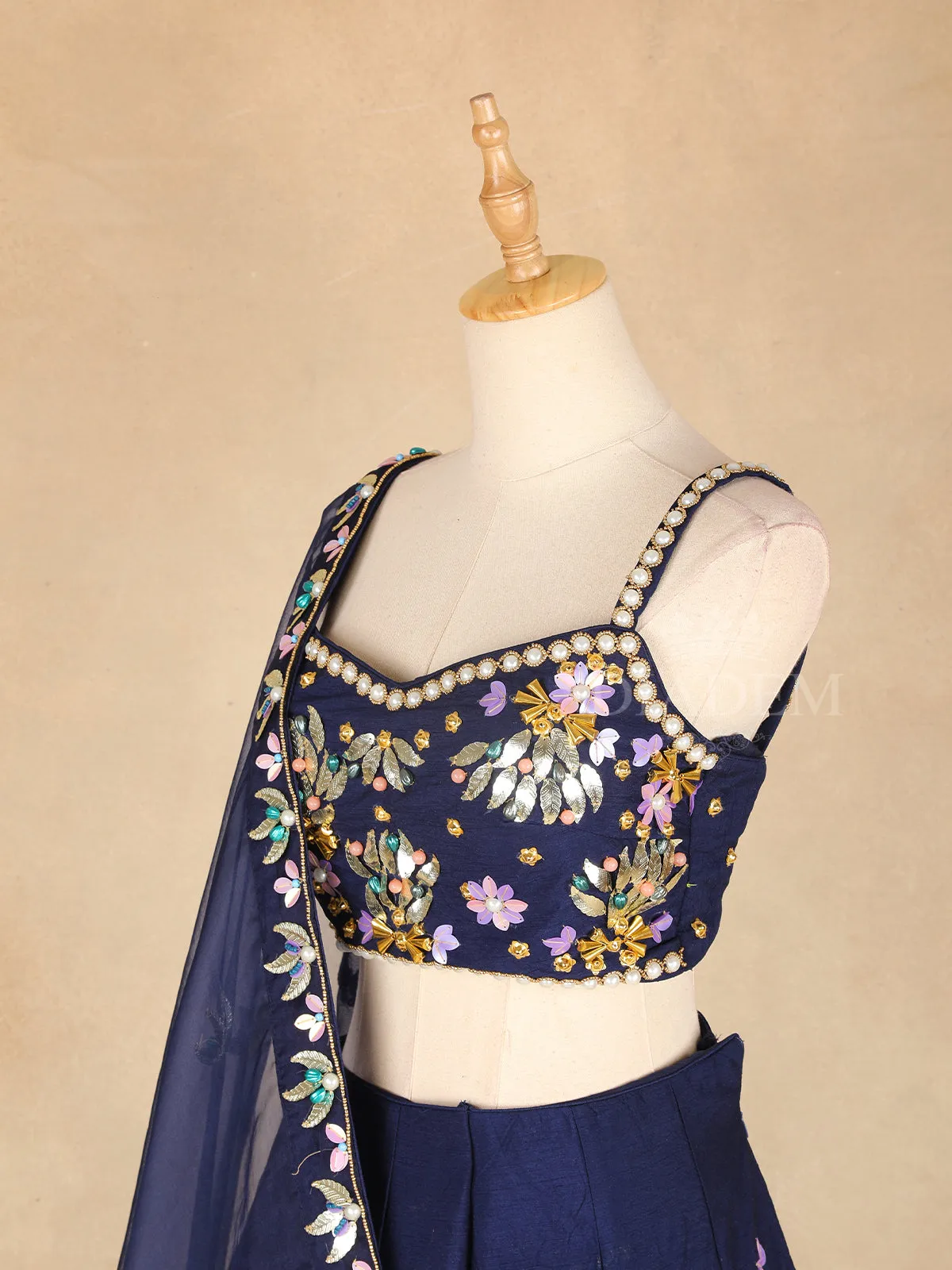 Dark Blue Lehenga Adorned with Floral Beads and Embroidery Designs, with Matching Dupatta