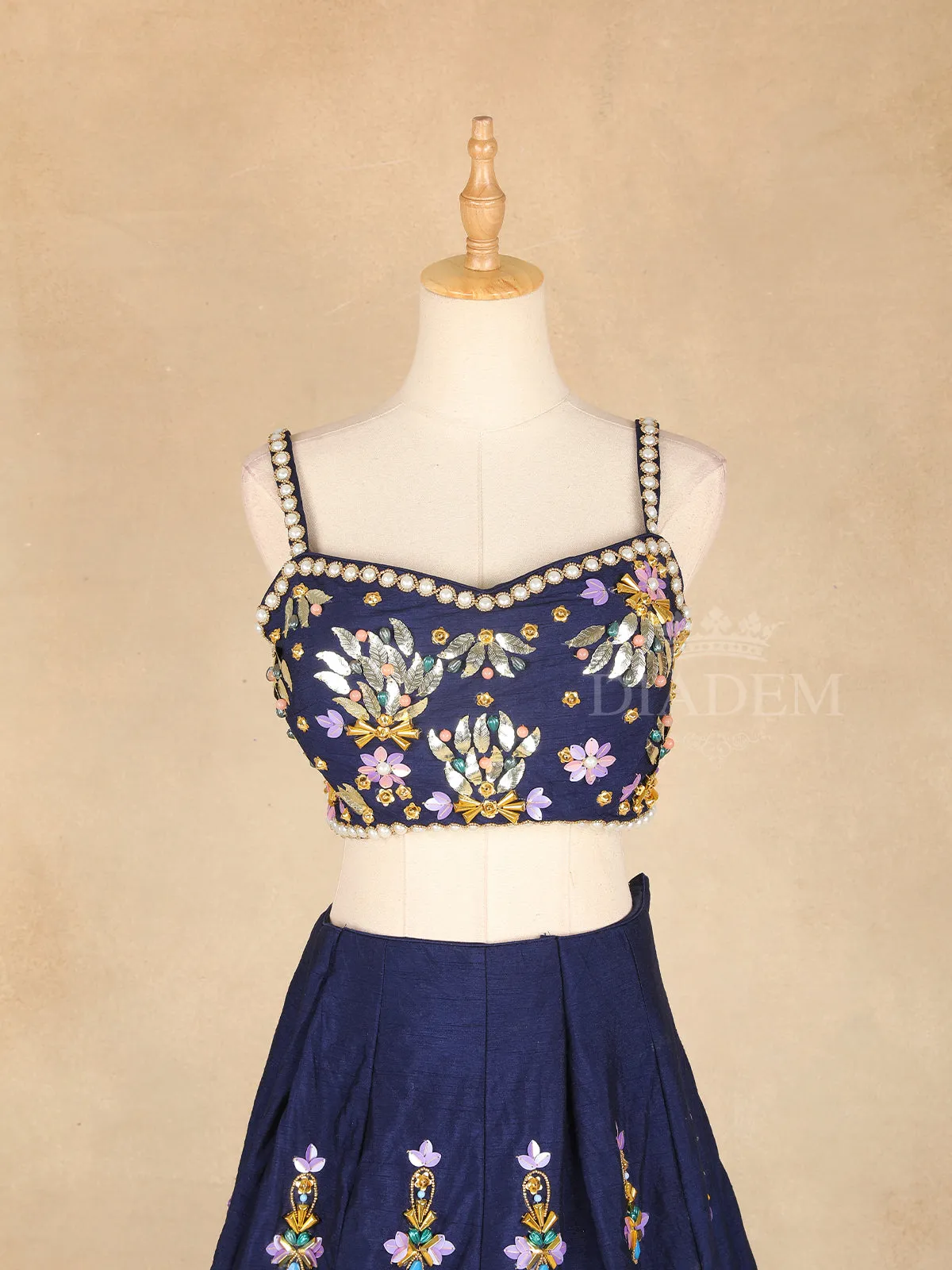 Dark Blue Lehenga Adorned with Floral Beads and Embroidery Designs, with Matching Dupatta