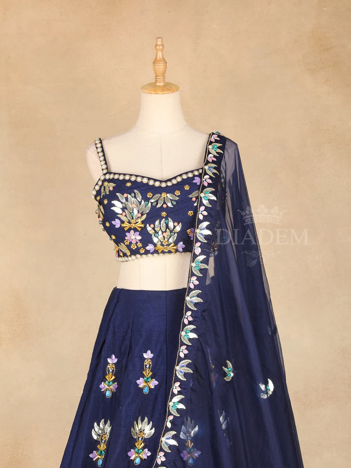 Dark Blue Lehenga Adorned with Floral Beads and Embroidery Designs, with Matching Dupatta