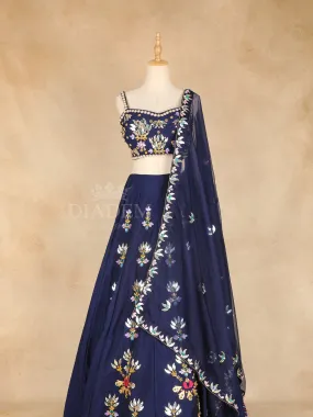 Dark Blue Lehenga Adorned with Floral Beads and Embroidery Designs, with Matching Dupatta