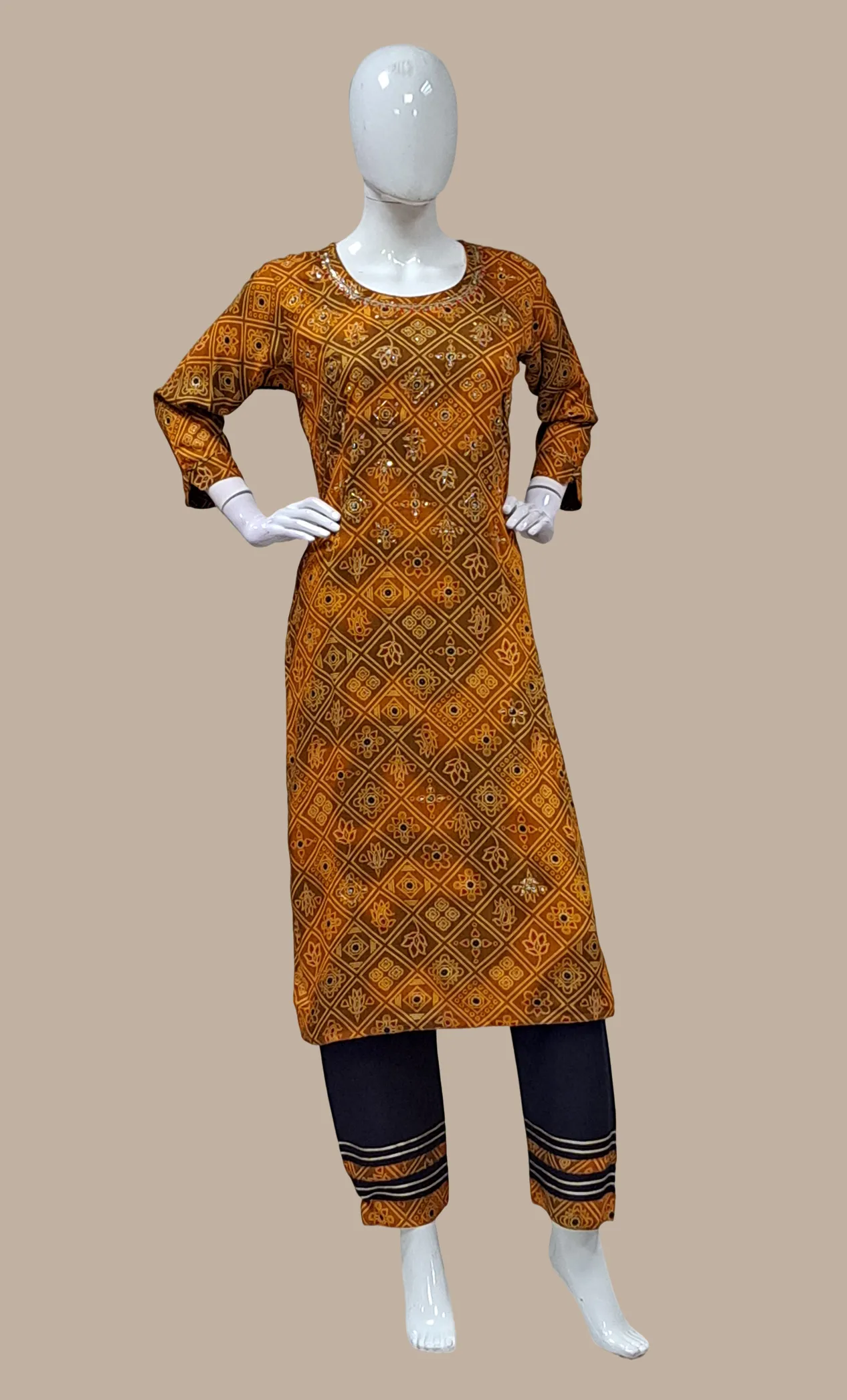 Dark Mustard Bandhani Kurti Top & Pants