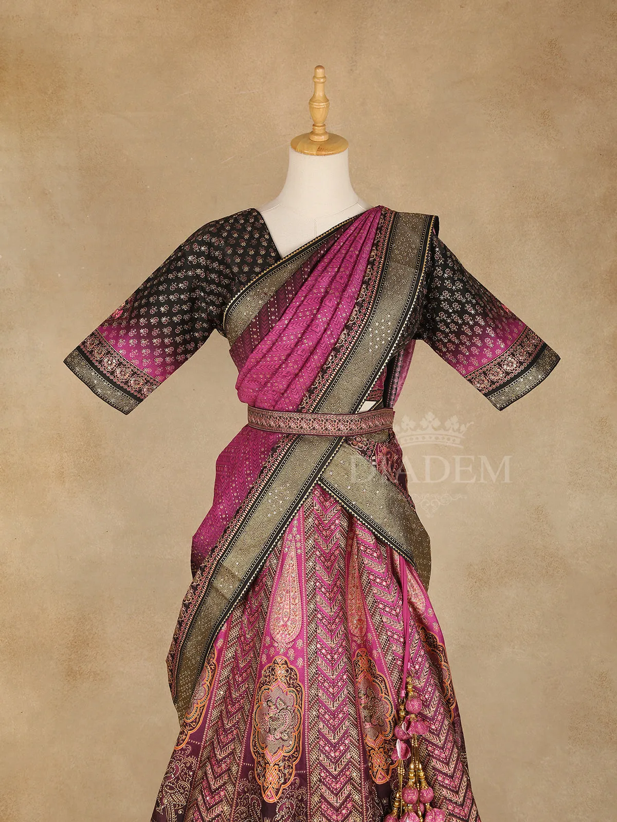 Dark Pink Banarasi Lehenga Adorned with Floral Designs with Matching Dupatta