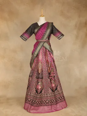 Dark Pink Banarasi Lehenga Adorned with Floral Designs with Matching Dupatta