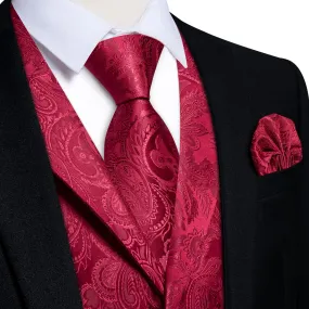 DiBanGu Dark Wine Red Paisley Silk Notched Collar Slim Fit Mens Waistcoat Tie Set