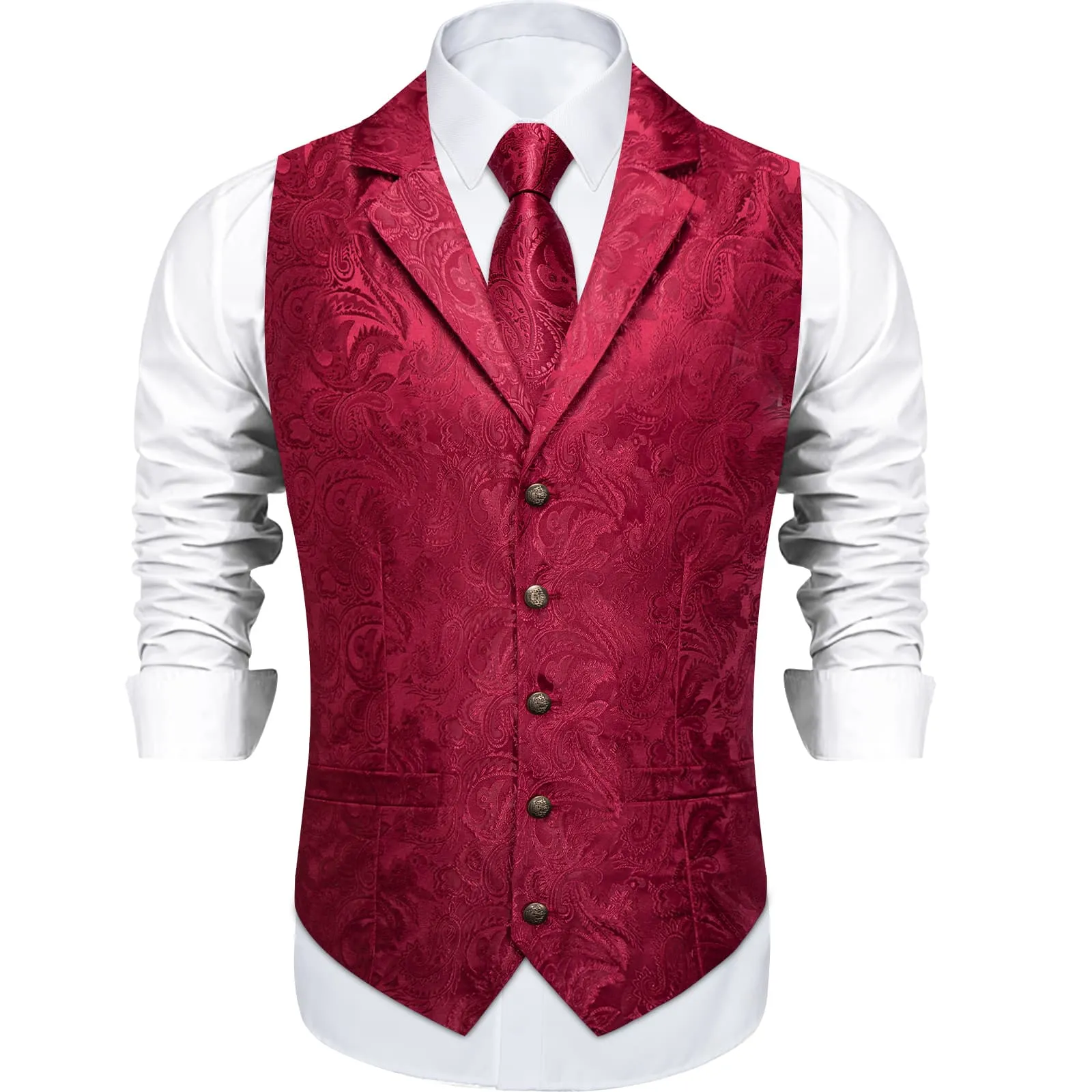 DiBanGu Dark Wine Red Paisley Silk Notched Collar Slim Fit Mens Waistcoat Tie Set