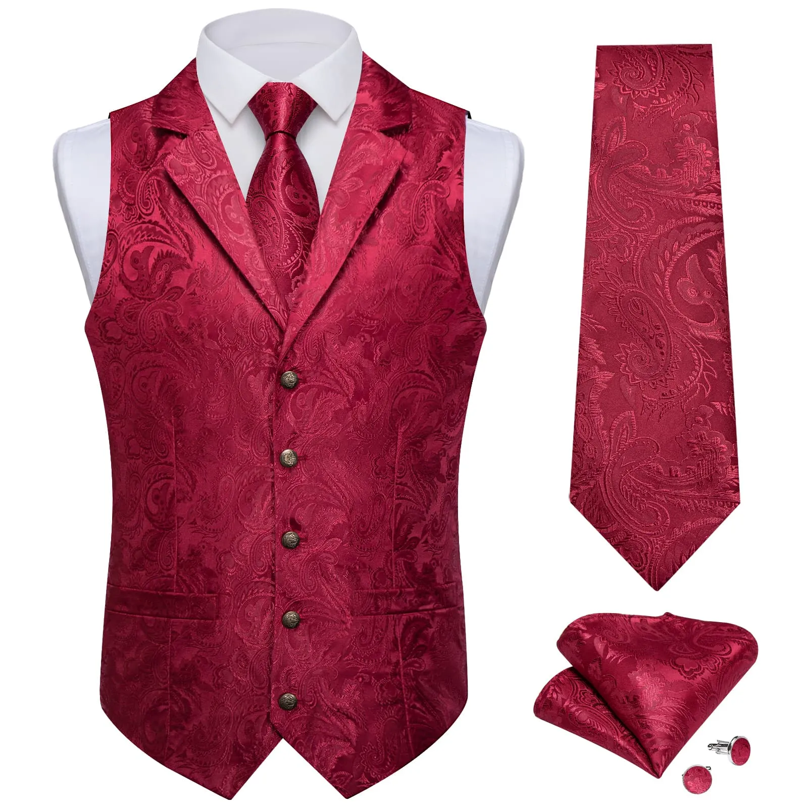 DiBanGu Dark Wine Red Paisley Silk Notched Collar Slim Fit Mens Waistcoat Tie Set