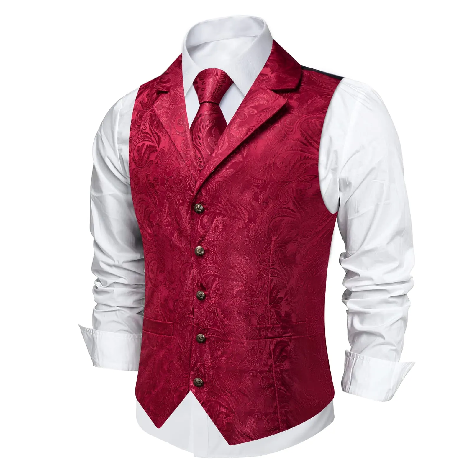 DiBanGu Dark Wine Red Paisley Silk Notched Collar Slim Fit Mens Waistcoat Tie Set