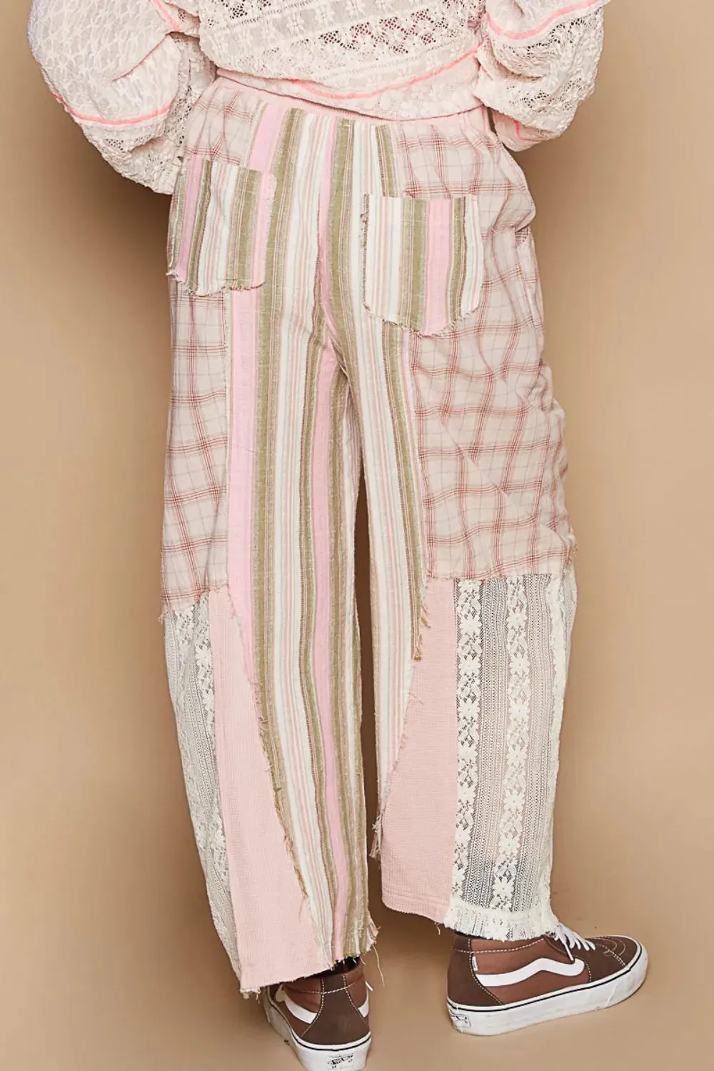 Drawstring Plaid Print Lace Straight Pants