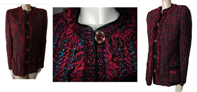 *ELEGANT VINTAGE '80S CHRISTIAN RUPERTO SCARLET & MULTI JACKET WITH FRINGE & JEWEL BUTTONS