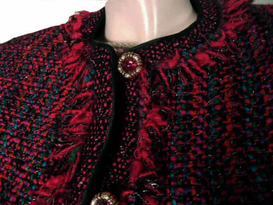 *ELEGANT VINTAGE '80S CHRISTIAN RUPERTO SCARLET & MULTI JACKET WITH FRINGE & JEWEL BUTTONS