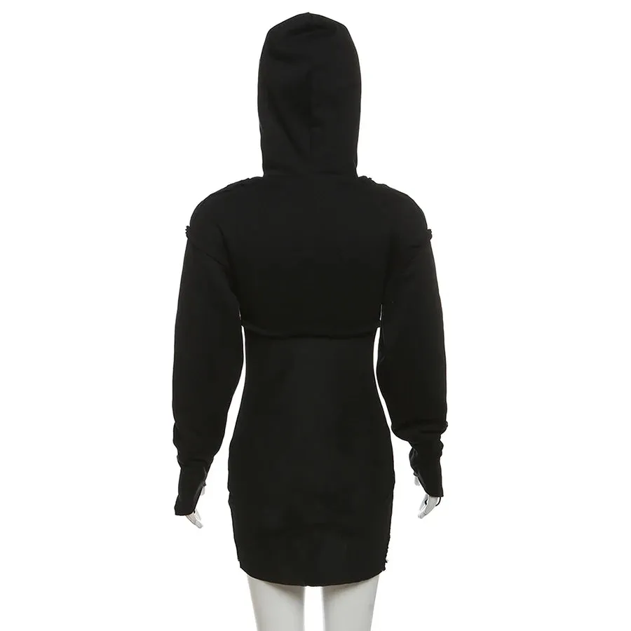 Fall Women Ruched Casual Dress Hooded Long Sleeve Patchwork Mini Ladies Dress Solid Slim Dress