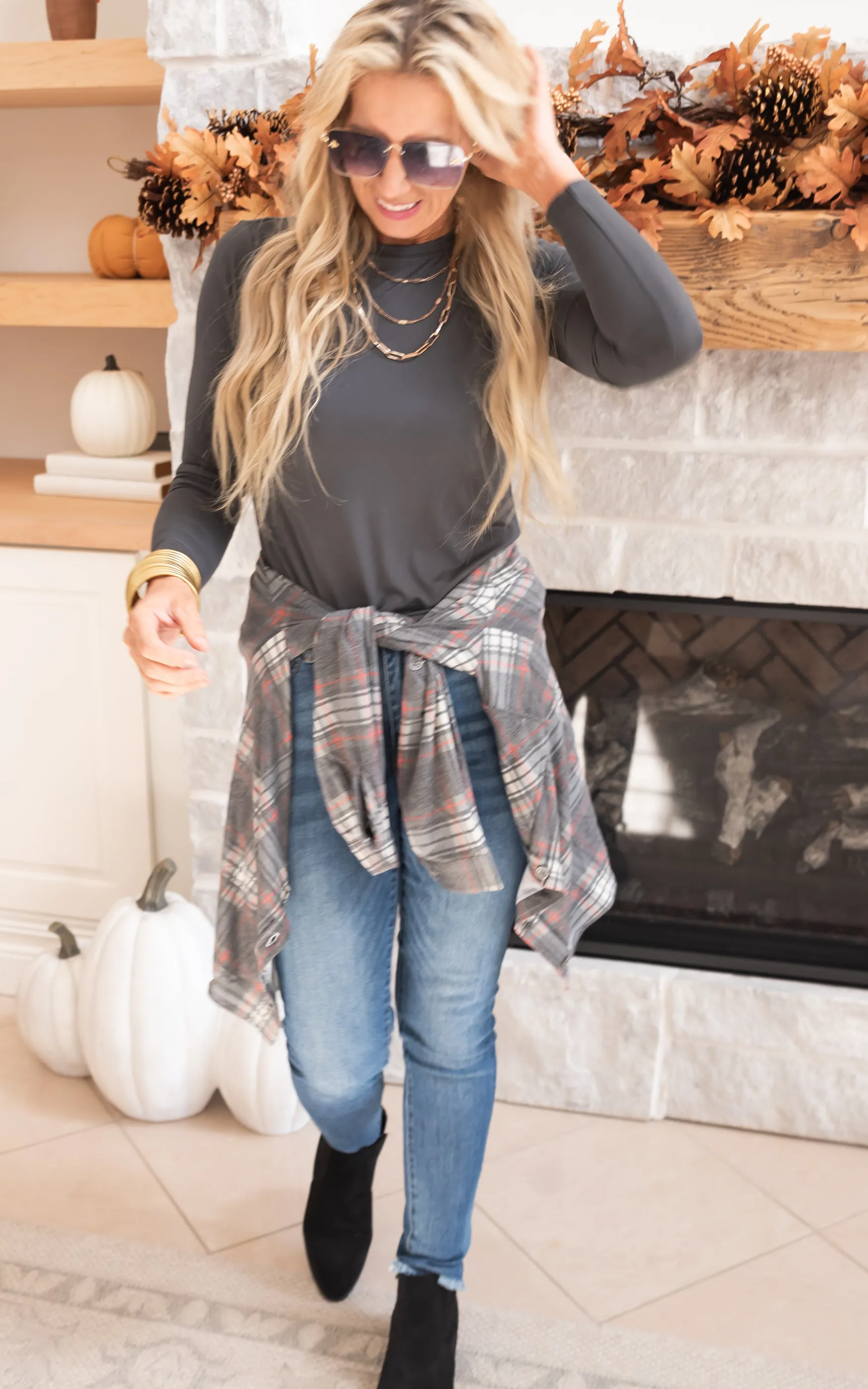 Falling for Plaid Roll Up Long Sleeve Shacket - Black