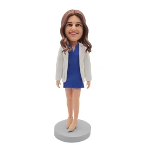 Female Doctor In White Coat And Blue Dress Custom Figure Bobblehead