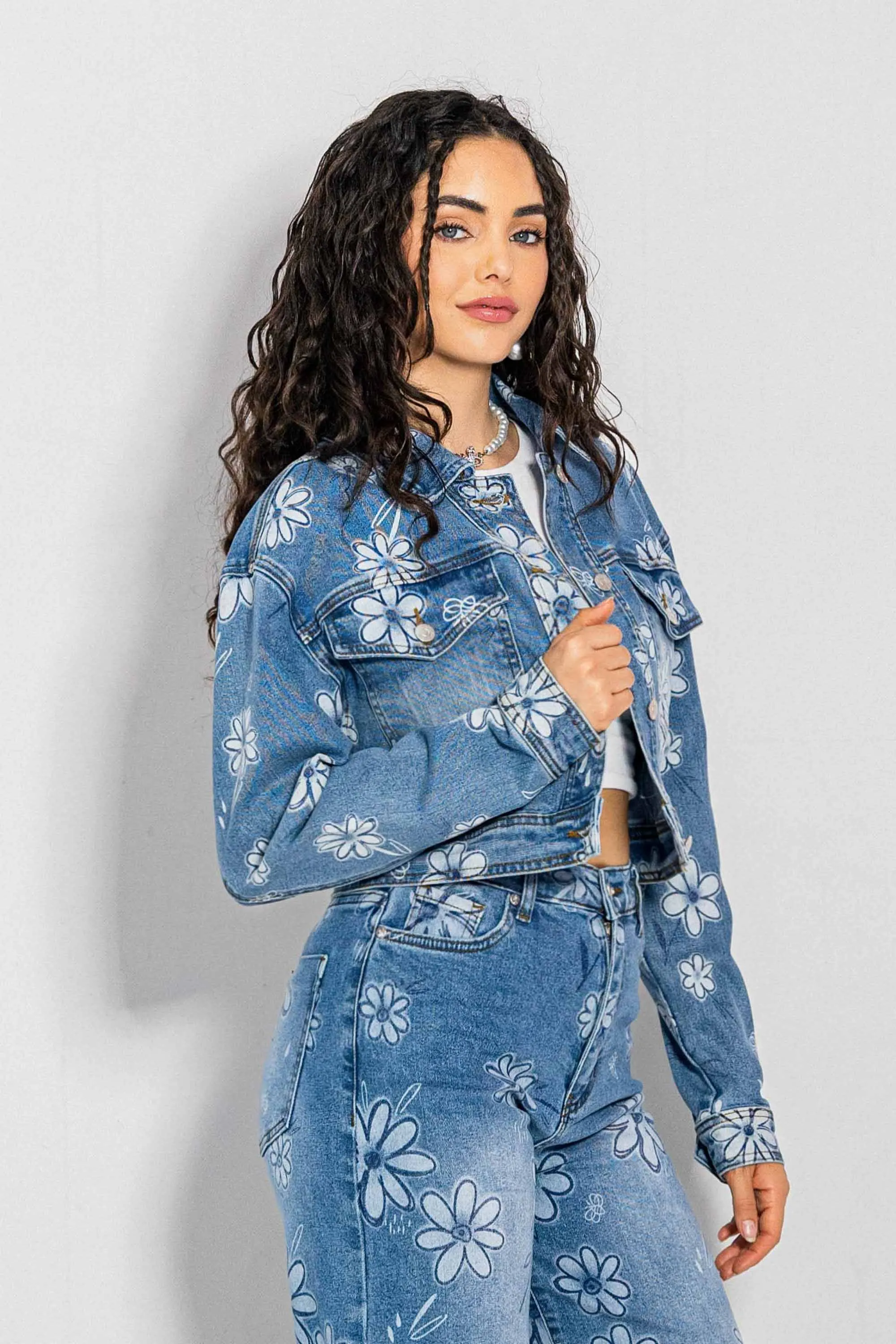 Flower Printed Denim Trucker Jacket