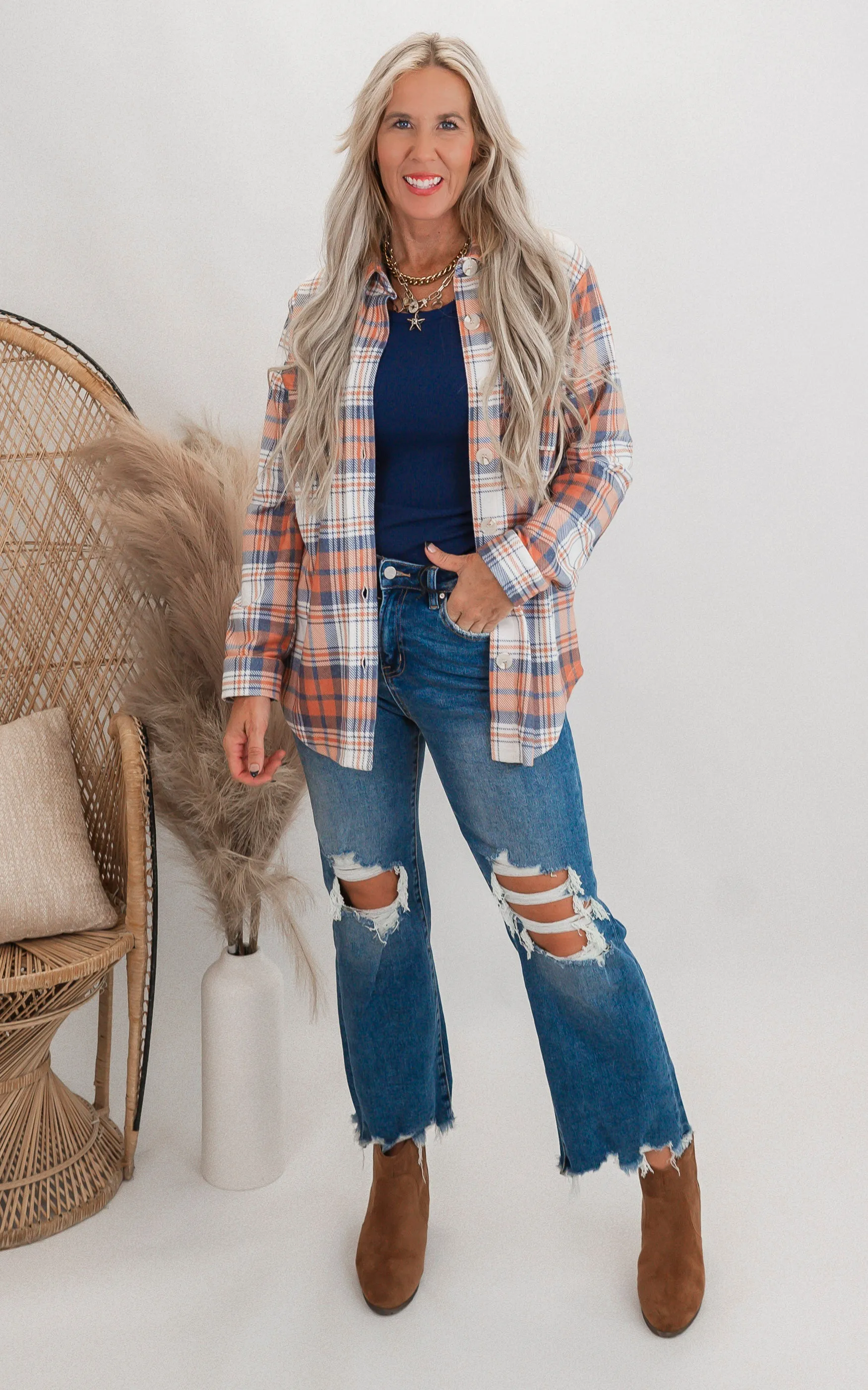 Forever Favorite Plaid Shacket in Orange Navy Ivory #11 | Salty Wave*