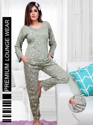 Full Sleeves Green Printed Long Top Cotton Night Suit