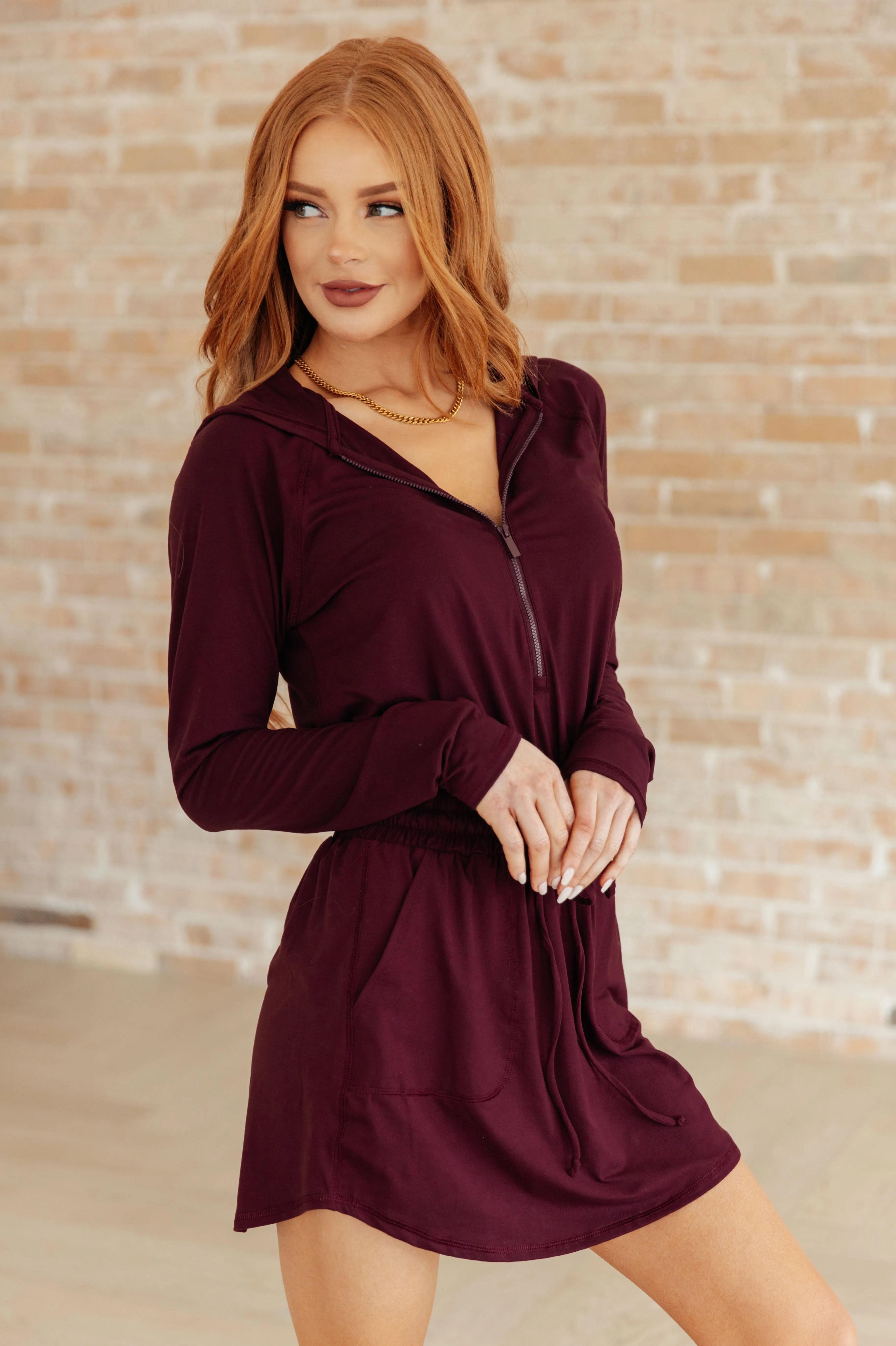 Getting Out Long Sleeve Hoodie Romper in Maroon - Rae Mode