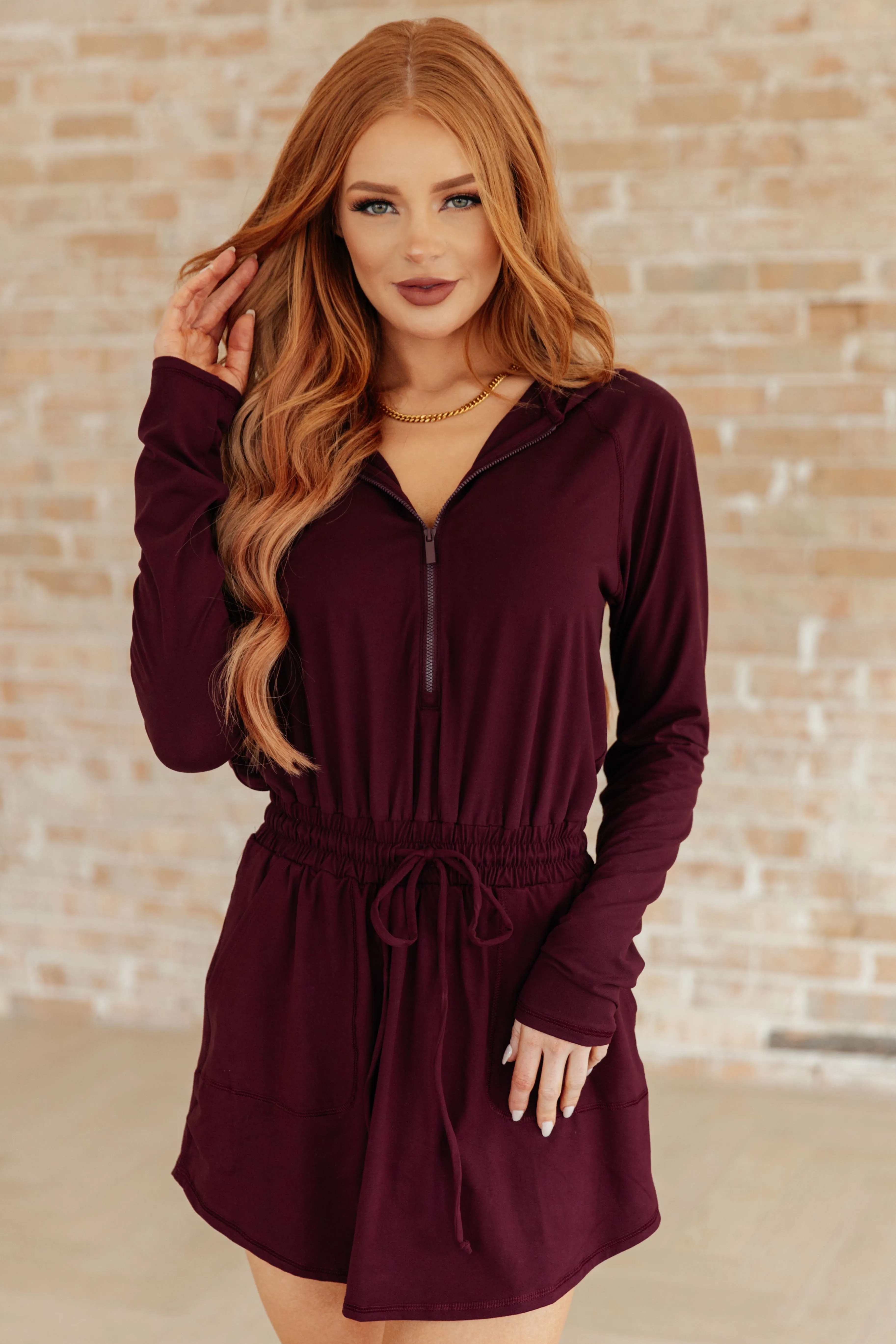 Getting Out Long Sleeve Hoodie Romper in Maroon - Rae Mode