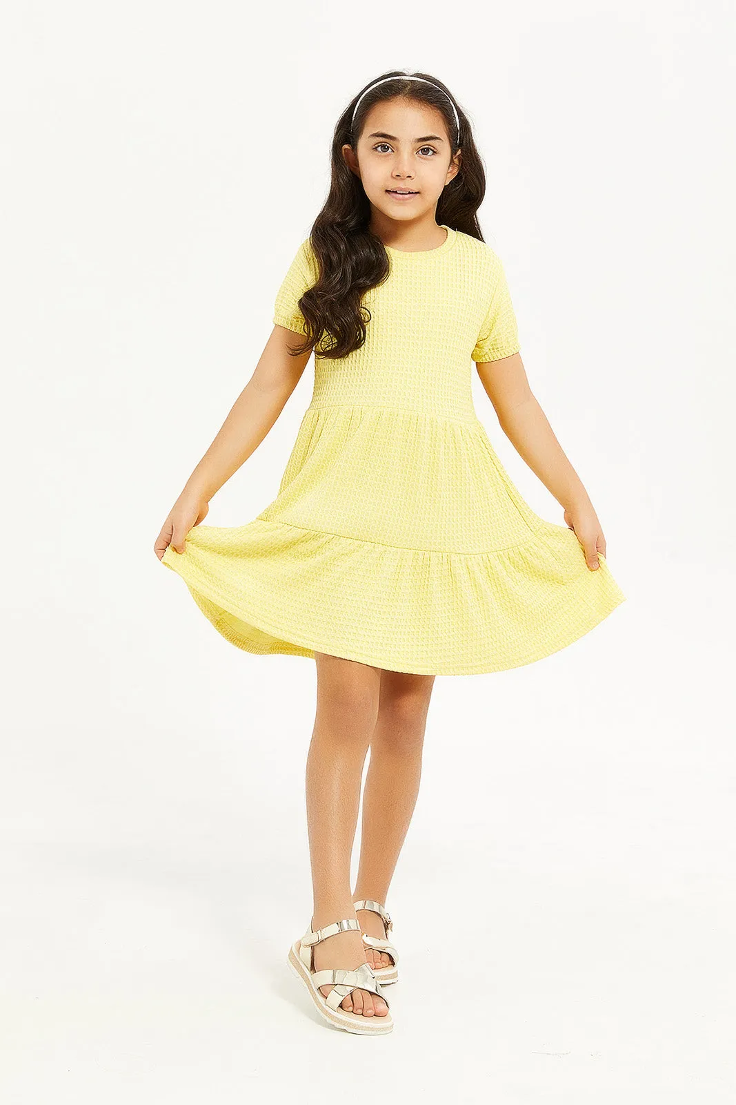 Girls Yellow Textured Knit Dress