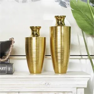 Gold Aluminum Brushed Textured Vase Set of 2