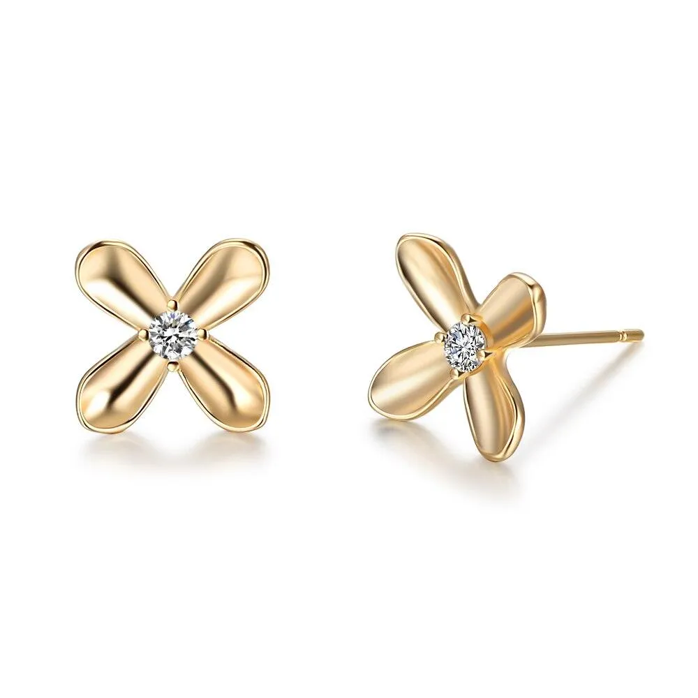 Gold Color Floral Design Earrings- Stainless Steel Stud Earrings- Cubic Zirconia Stone Stud Earring- Party Accessories for Women