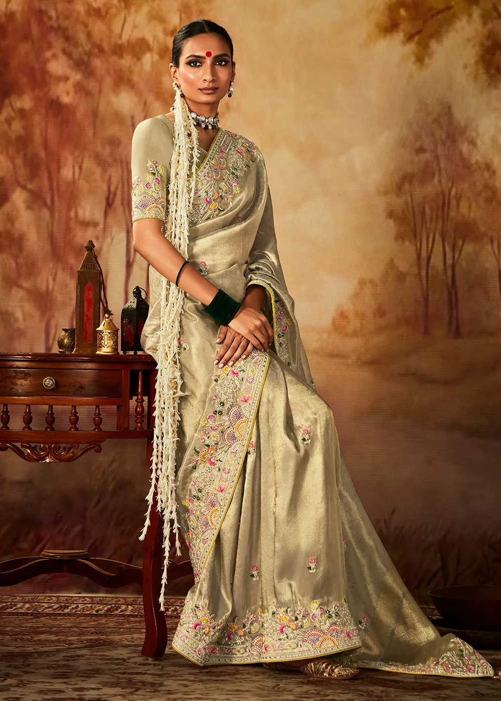 Golden Wedding Wear Embroidered Kanjivaram Silk Saree