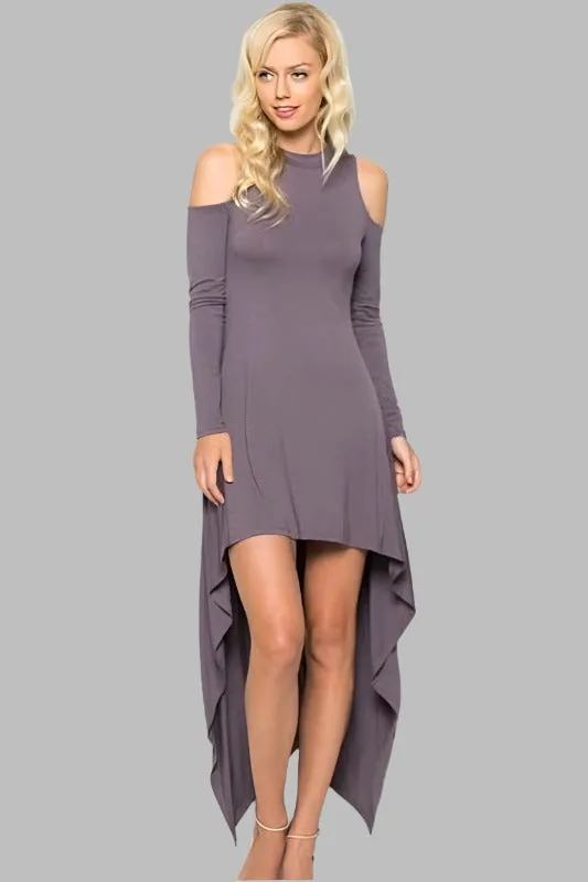 Grace and Cute Hi Lo Cold Shoulder Dress  -  Purple Taupe