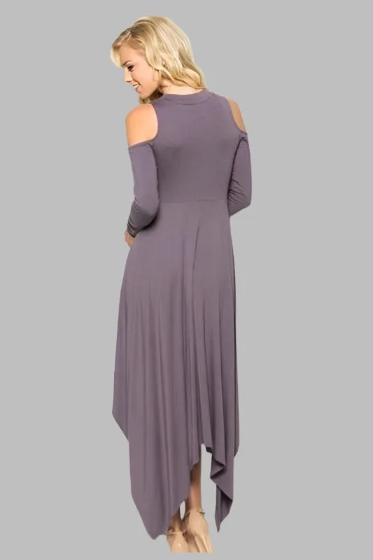 Grace and Cute Hi Lo Cold Shoulder Dress  -  Purple Taupe