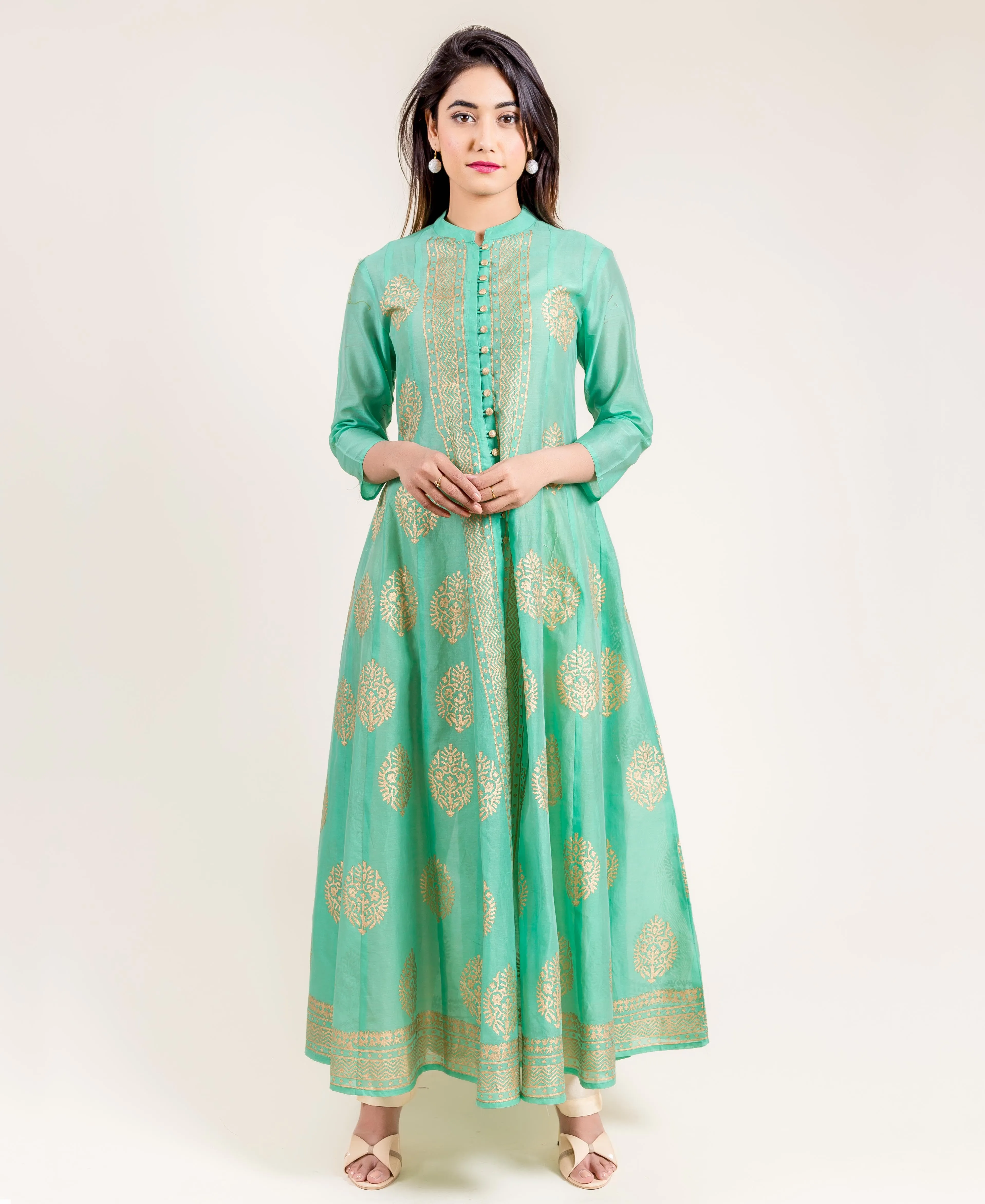 Green Chanderi Anarkali Long Dress with Front Slit