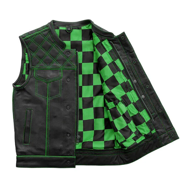 GREEN M042 Green Checker - Men's Motorcycle Leather Vest