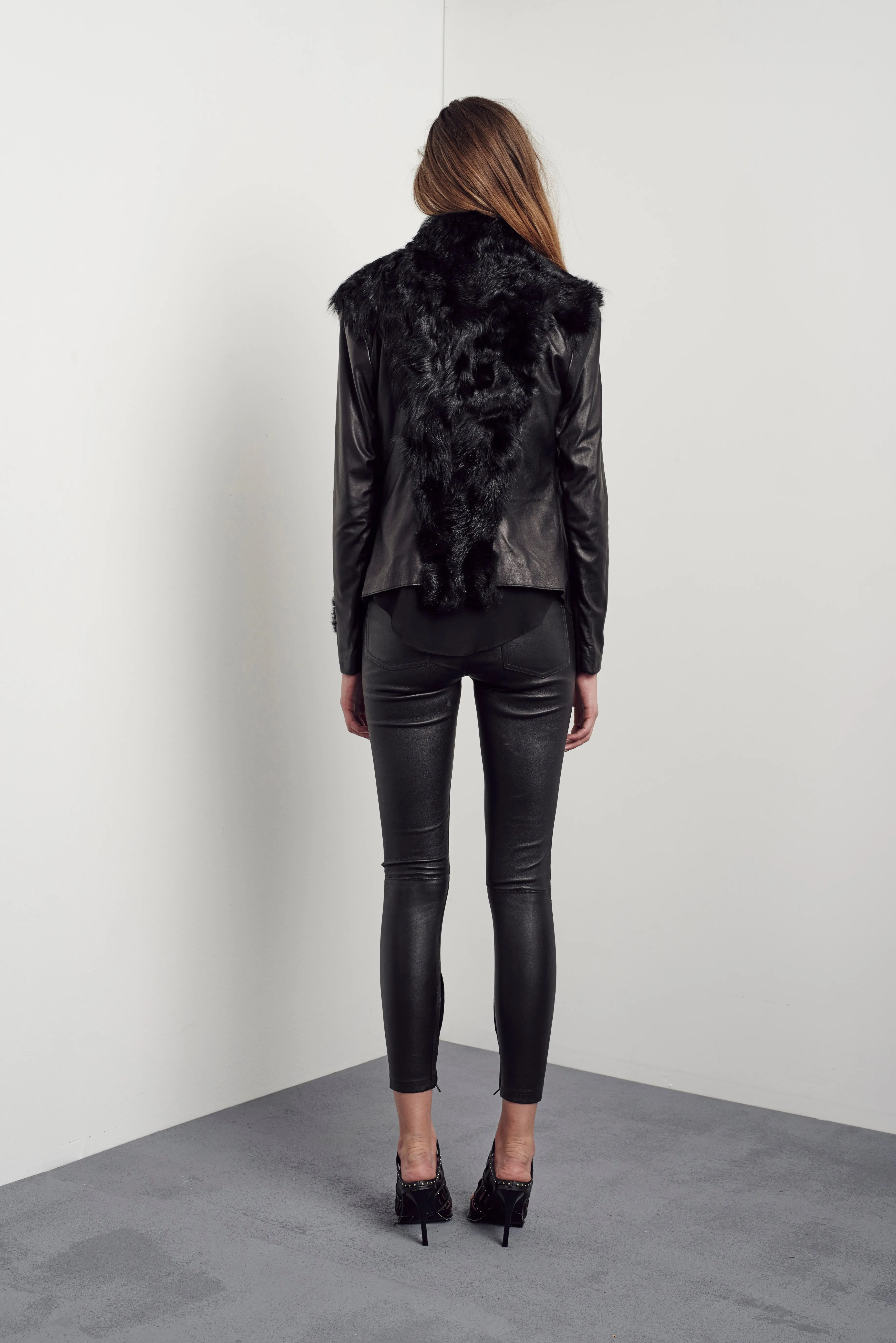 Isabella on Columbus Drape Jacket in Italian Shearling & Black Leather