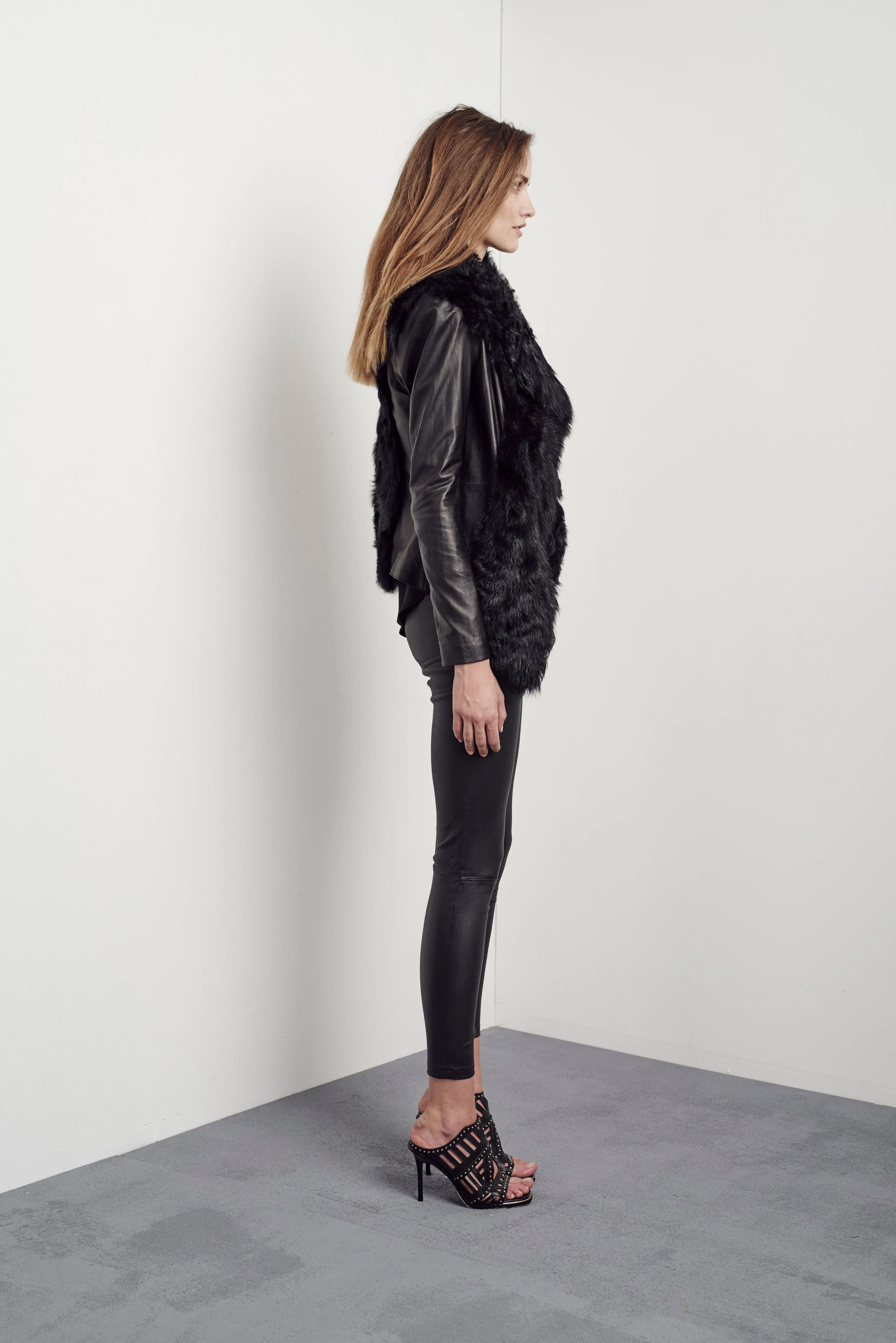 Isabella on Columbus Drape Jacket in Italian Shearling & Black Leather