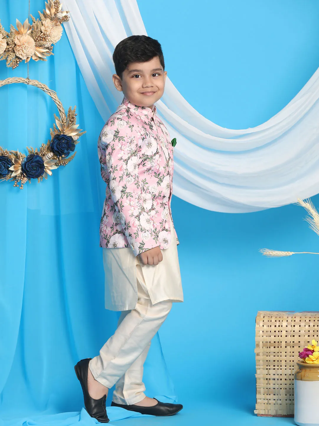 Jashvi Floral Printed Pink Bandhgala Prince Coat Jodhpuri With Cream Color Kurta Pyjama Set