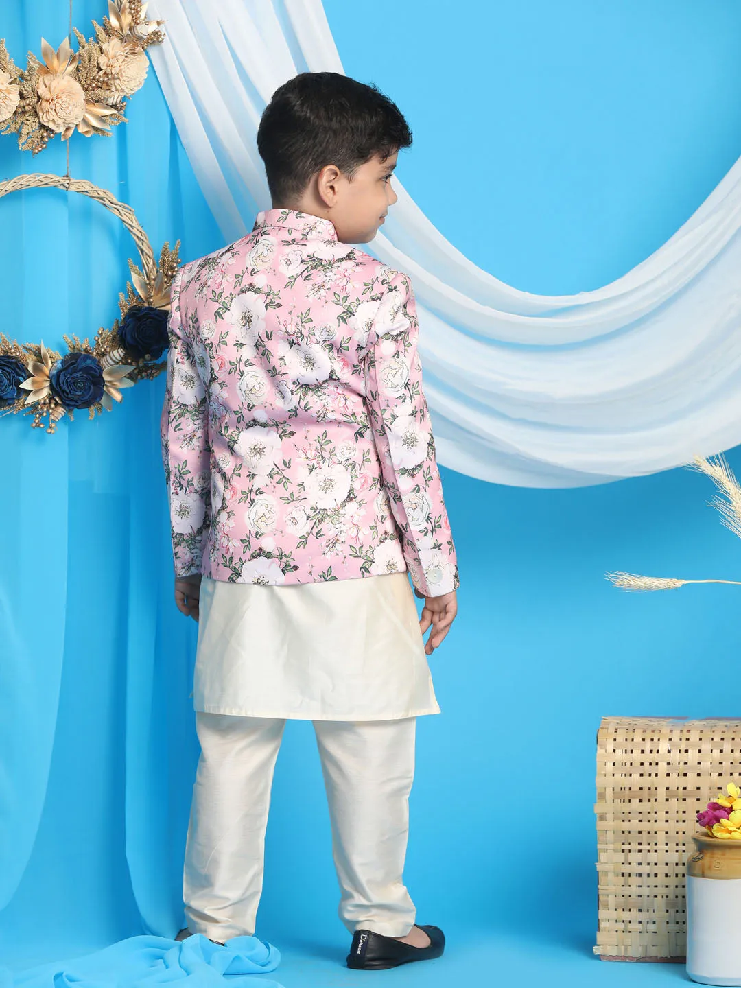 Jashvi Floral Printed Pink Bandhgala Prince Coat Jodhpuri With Cream Color Kurta Pyjama Set