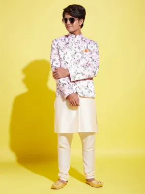 Jashvi Floral Printed Pink Bandhgala Prince Coat Jodhpuri With Cream Kurta Pyjama Set