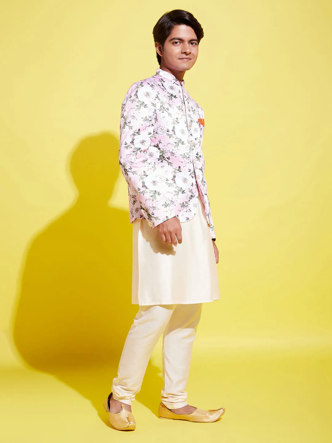 Jashvi Floral Printed Pink Bandhgala Prince Coat Jodhpuri With Cream Kurta Pyjama Set