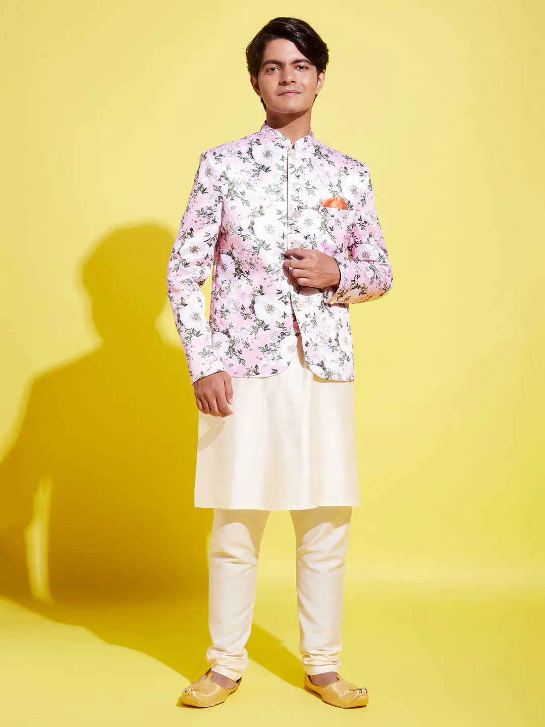 Jashvi Floral Printed Pink Bandhgala Prince Coat Jodhpuri With Cream Kurta Pyjama Set