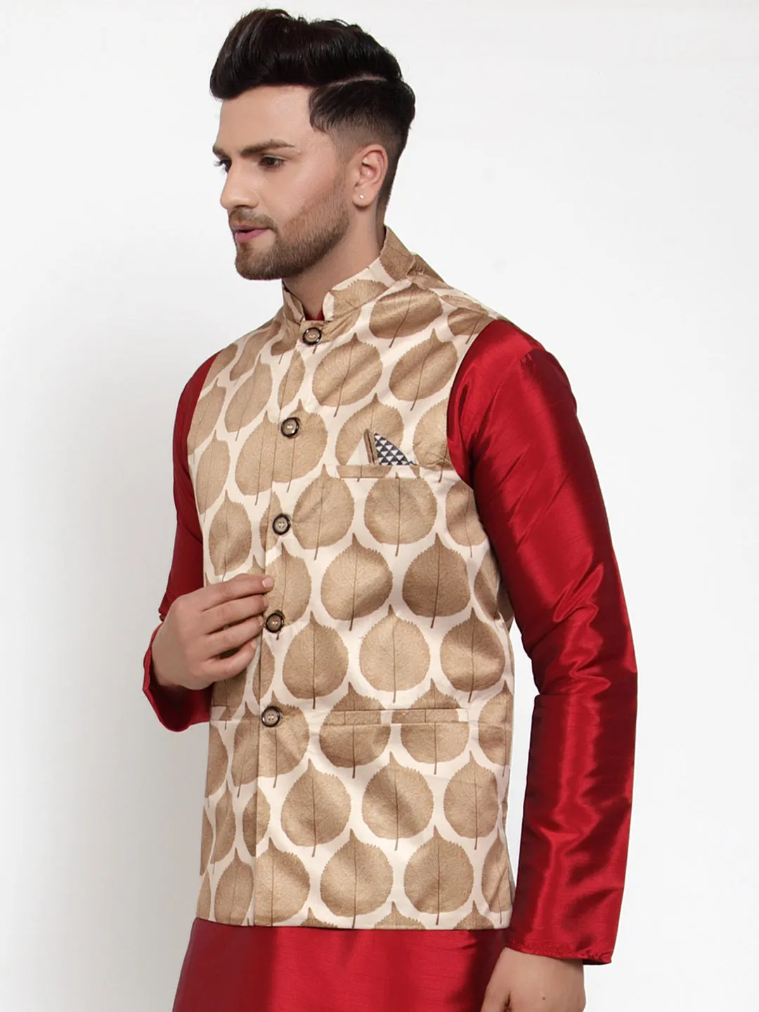 Jashvi Men's Brown Printed Nehru Jacket