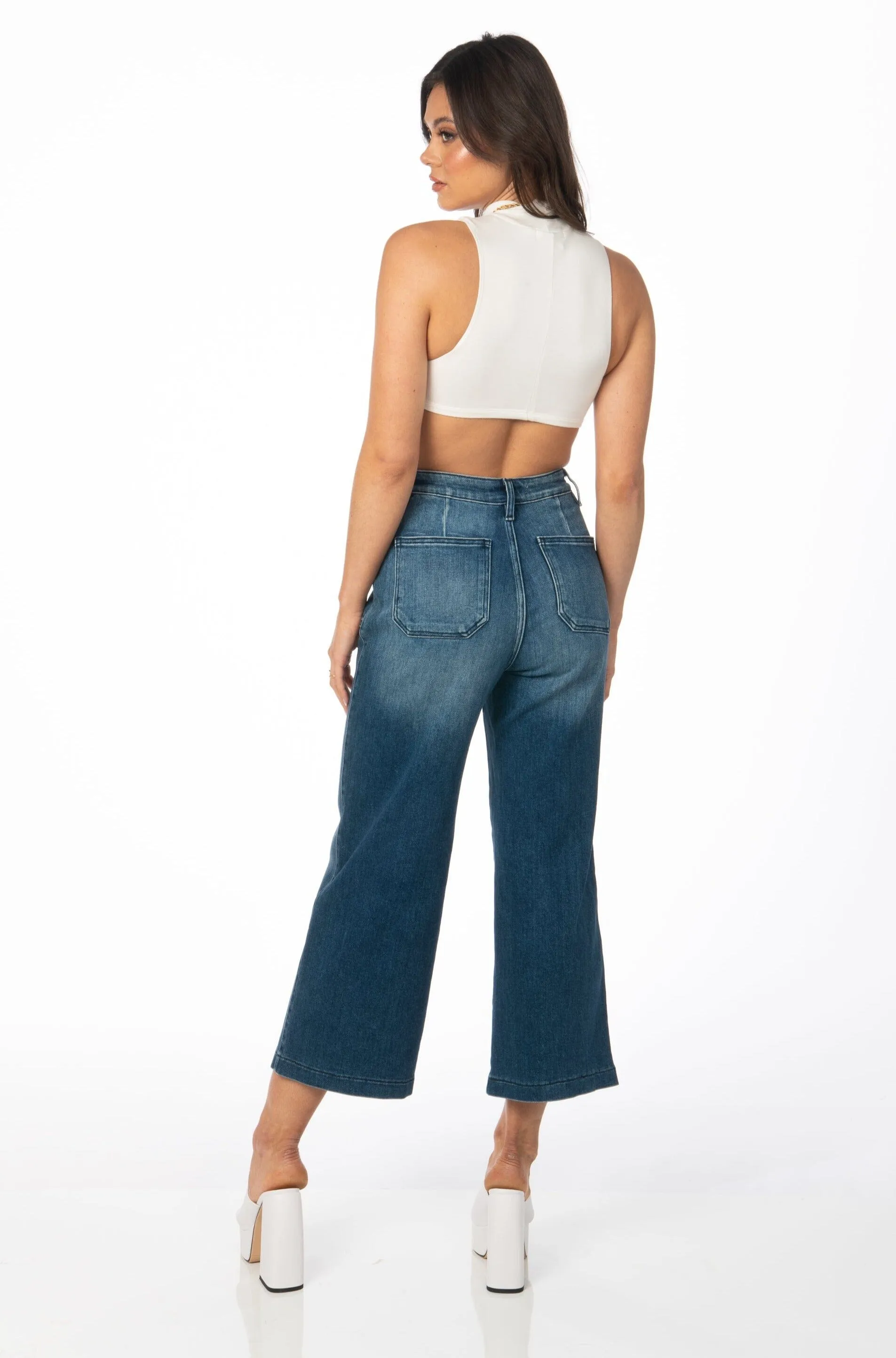 Kancan Denim High Rise Dark Wash Wide Leg Cropped Jeans