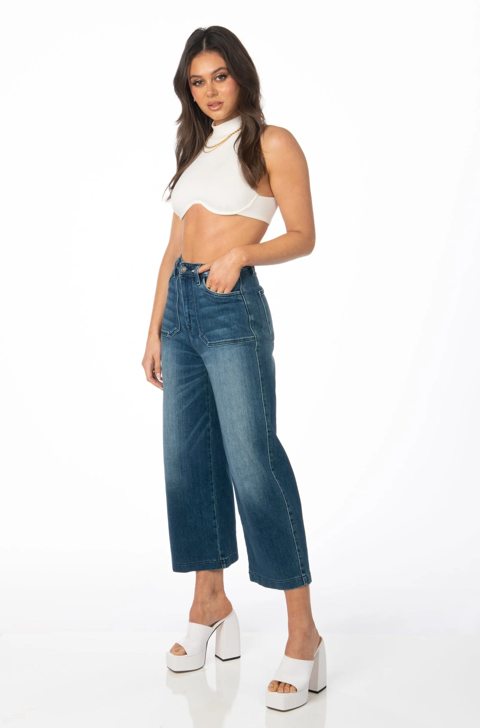 Kancan Denim High Rise Dark Wash Wide Leg Cropped Jeans